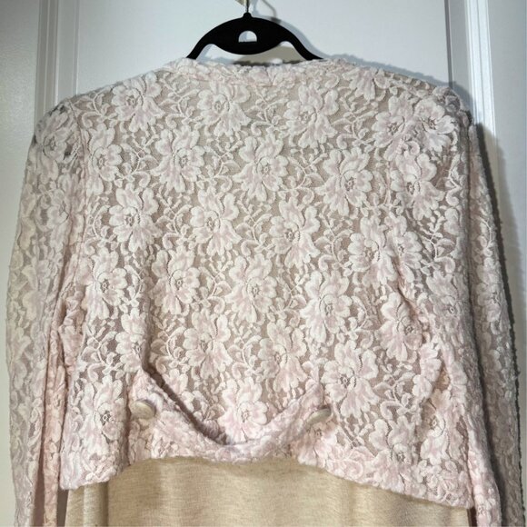 Vintage-Inspired Beige Cardigan with Pink Lace Shrug Layered Look – Size Small - Picture 5 of 8